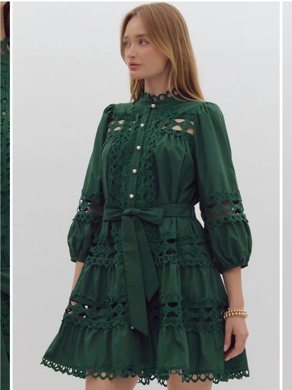 ENTRO Green Long Sleeve Lace-Trim pearl Button Front Dress - Picture 2 of 10